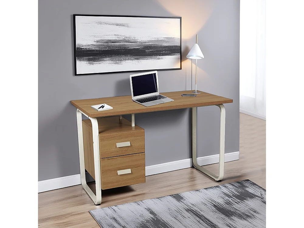 Bureau 120x60cm couleur Chêne et metal blanc avec 2 tiroirs PERLE