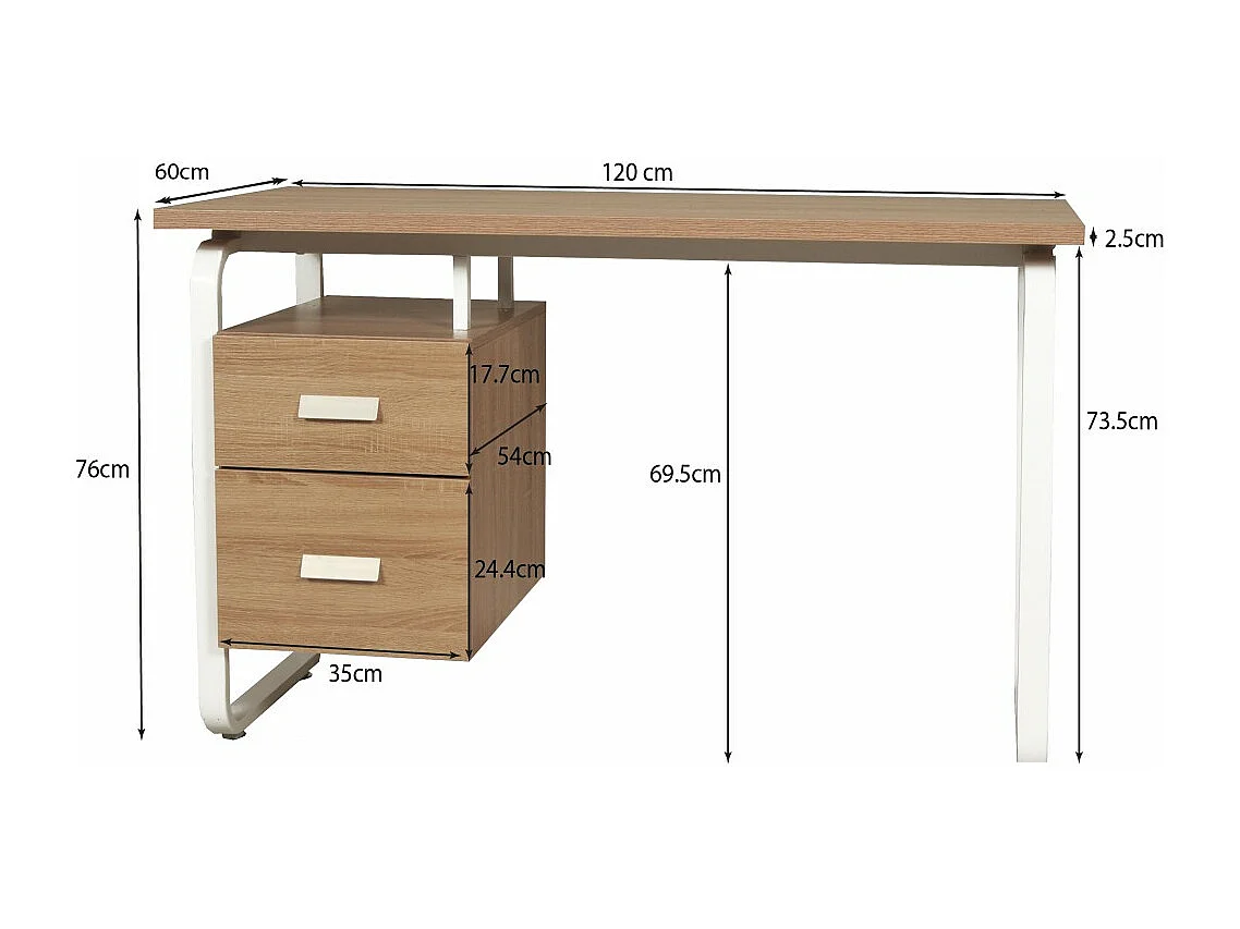 Bureau 120x60cm couleur Chêne et metal blanc avec 2 tiroirs PERLE
