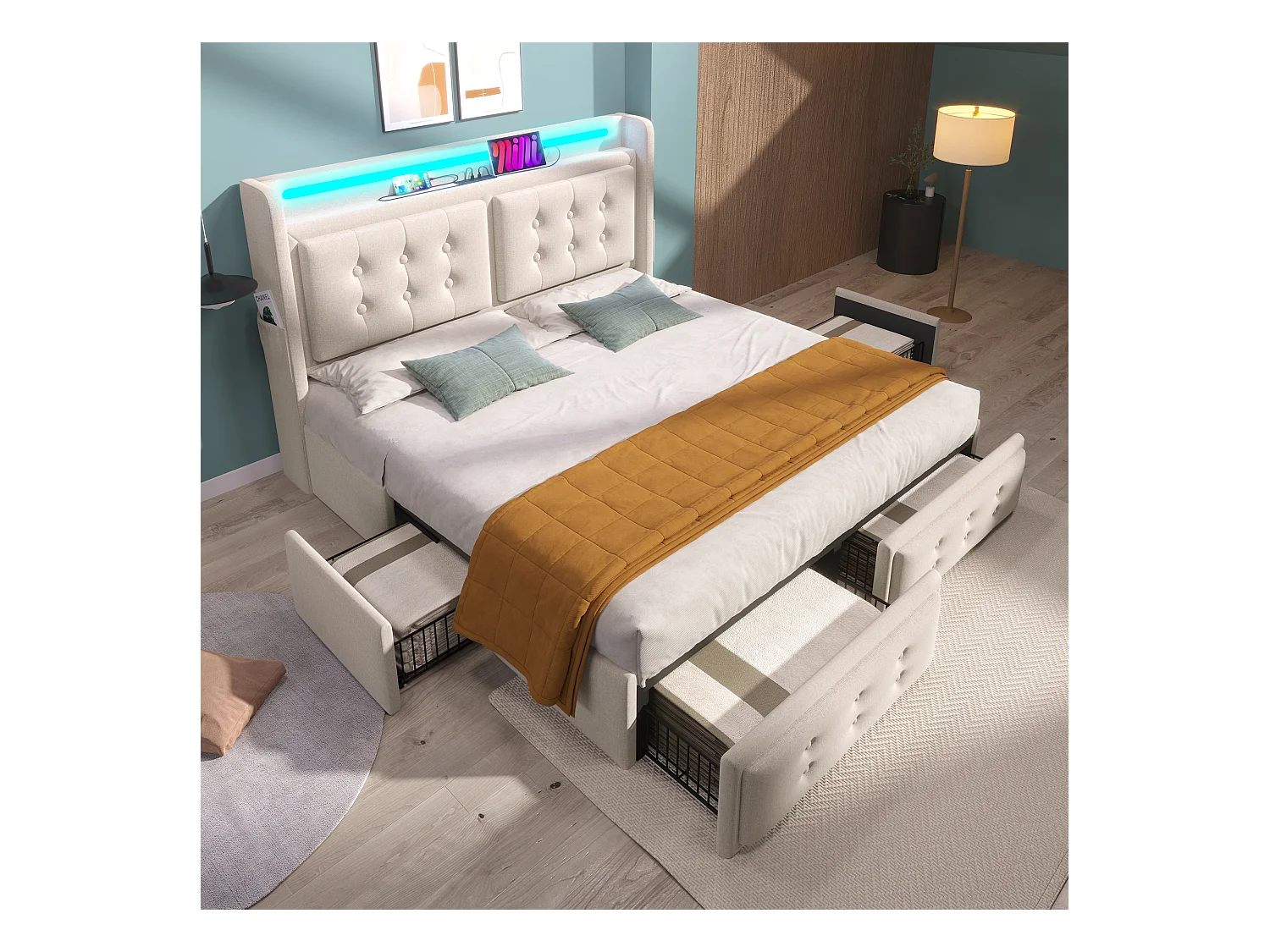 Lit double 160x200 cm - Lit adulte avec LED et chargement USB - 4 tiroirs - lin coton beige