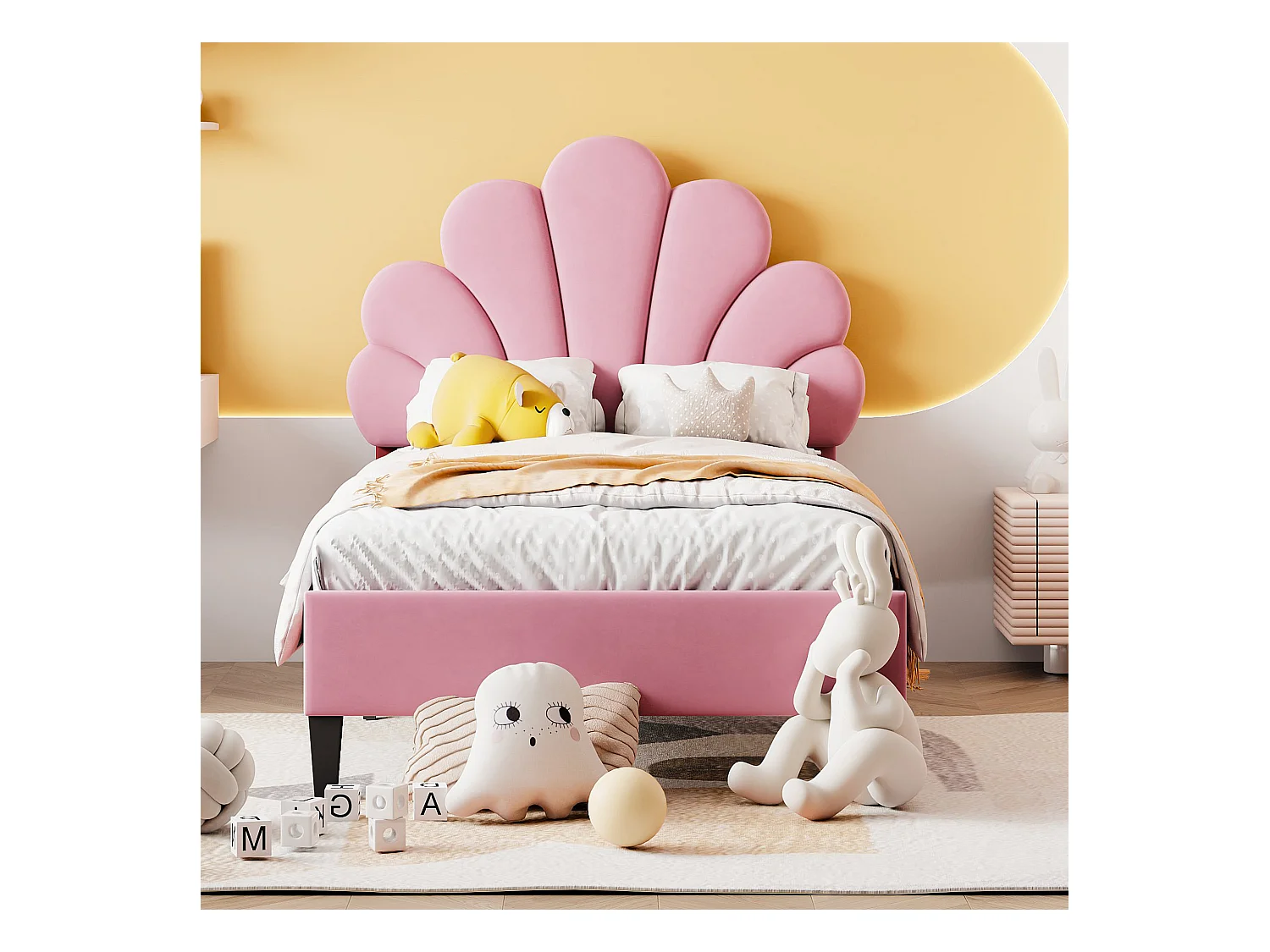 Lit simple 90x200 cm - Lit enfant avec tête de lit en forme de fleur et sommier à lattes - velours rose