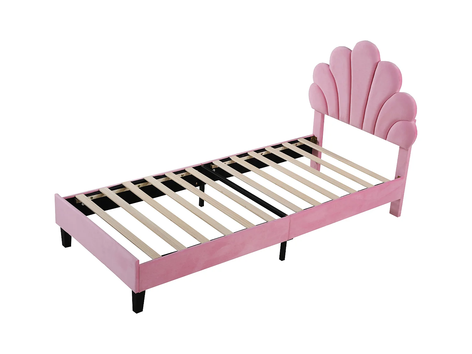 Lit simple 90x200 cm - Lit enfant avec tête de lit en forme de fleur et sommier à lattes - velours rose