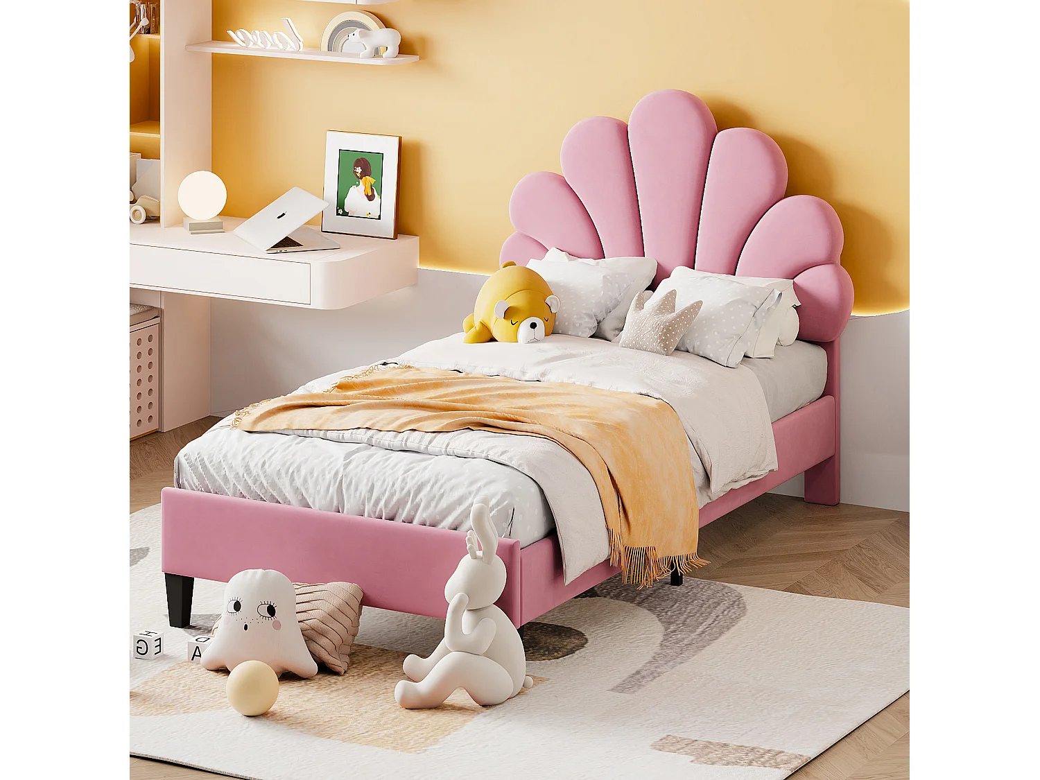 Eenpersoonsbed 90x200 cm - Kinderbed met bloemvormig hoofdbord en lattenbodem - roze fluweel