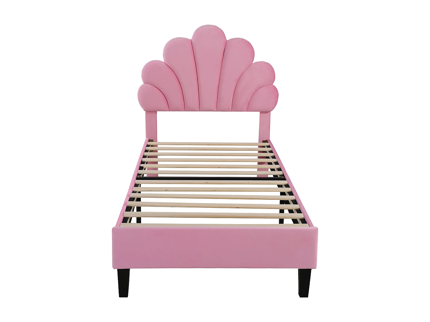 Eenpersoonsbed 90x200 cm - Kinderbed met bloemvormig hoofdbord en lattenbodem - roze fluweel