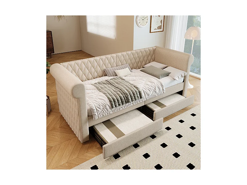 Lit enfant 90x200 cm - Lit simple avec 2 tiroirs de rangement - structure à lattes de bois - lin beige