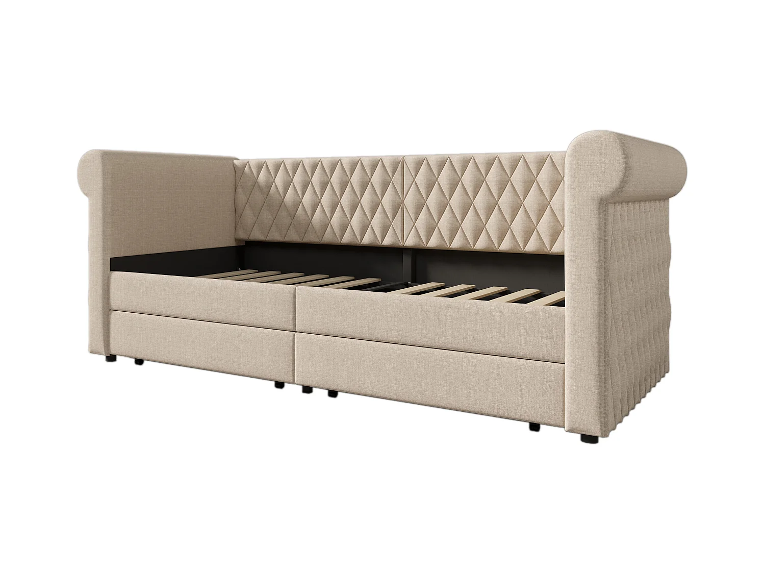 Lit enfant 90x200 cm - Lit simple avec 2 tiroirs de rangement - structure à lattes de bois - lin beige