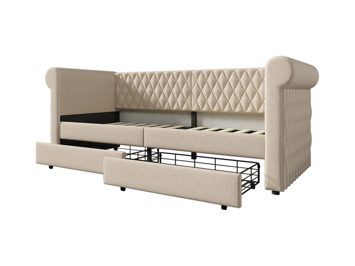 Lit enfant 90x200 cm - Lit simple avec 2 tiroirs de rangement - structure à lattes de bois - lin beige