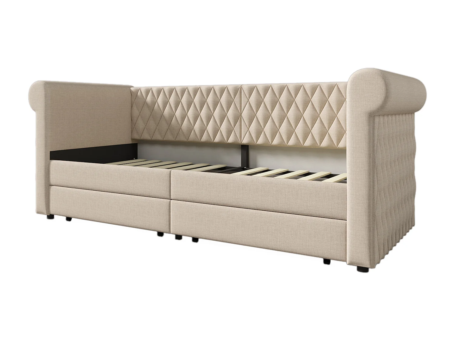 Lit enfant 90x200 cm - Lit simple avec 2 tiroirs de rangement - structure à lattes de bois - lin beige