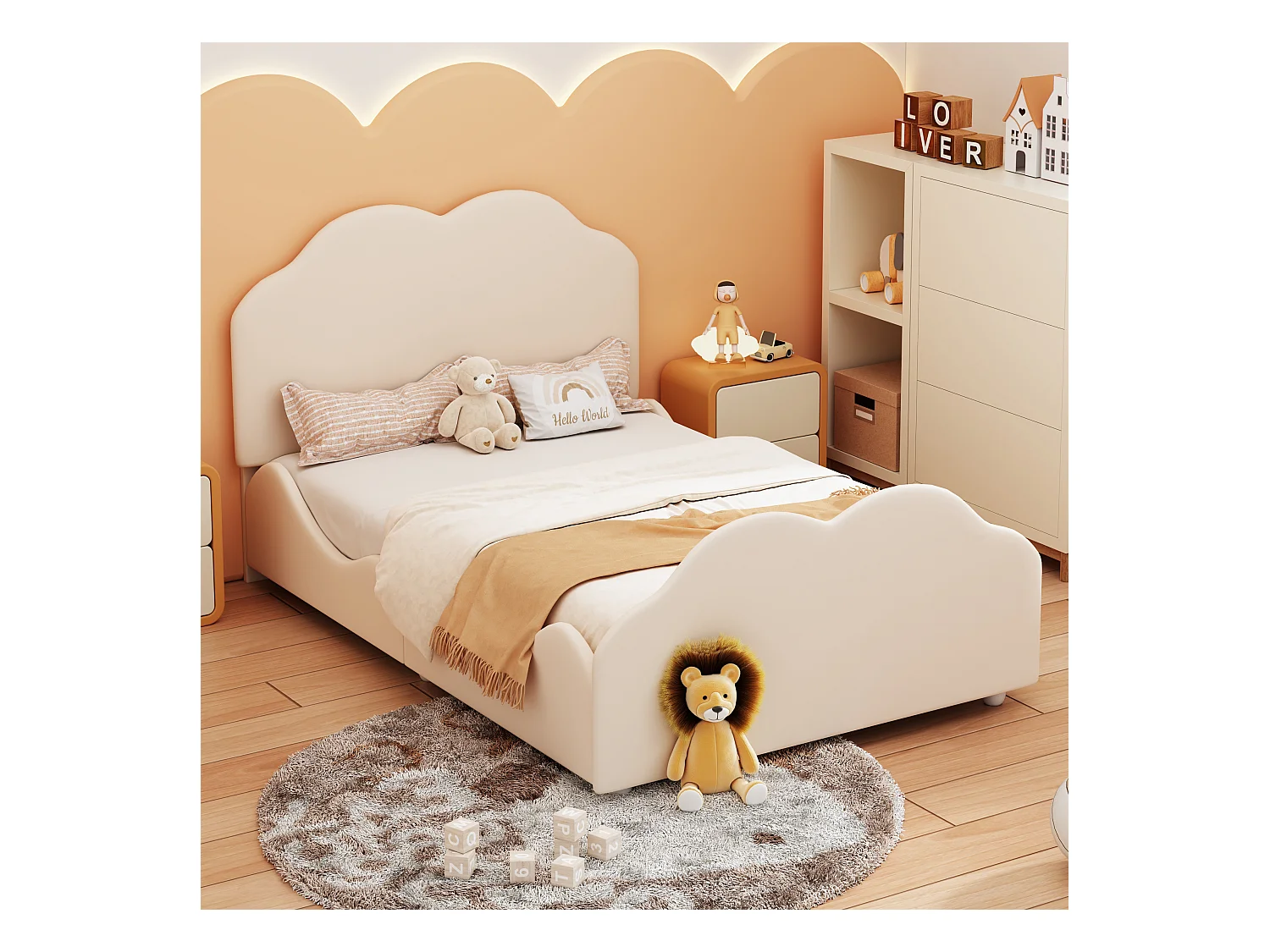 Lit enfant simple 90 X 200 cm beige en velours, avec tête de lit en forme de nuage, sans matelas