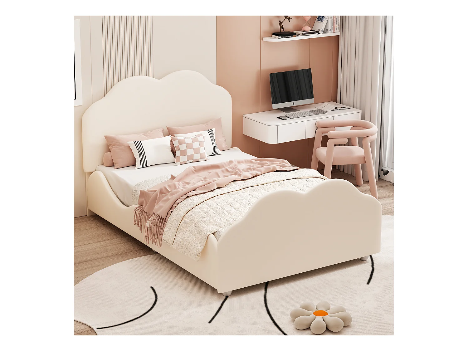 Lit enfant simple 90 X 200 cm beige en velours, avec tête de lit en forme de nuage, sans matelas