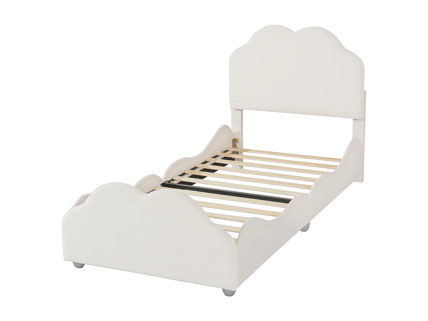 Lit enfant simple 90 X 200 cm beige en velours, avec tête de lit en forme de nuage, sans matelas