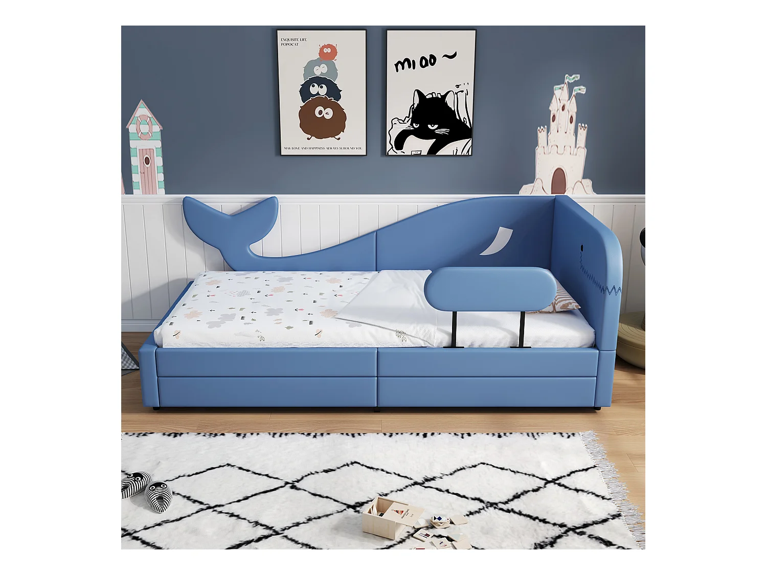 Kinderbed 90x200 cm in walvisvorm – Veilig co-sleeper met opbergladen, blauw PU (zonder matras)