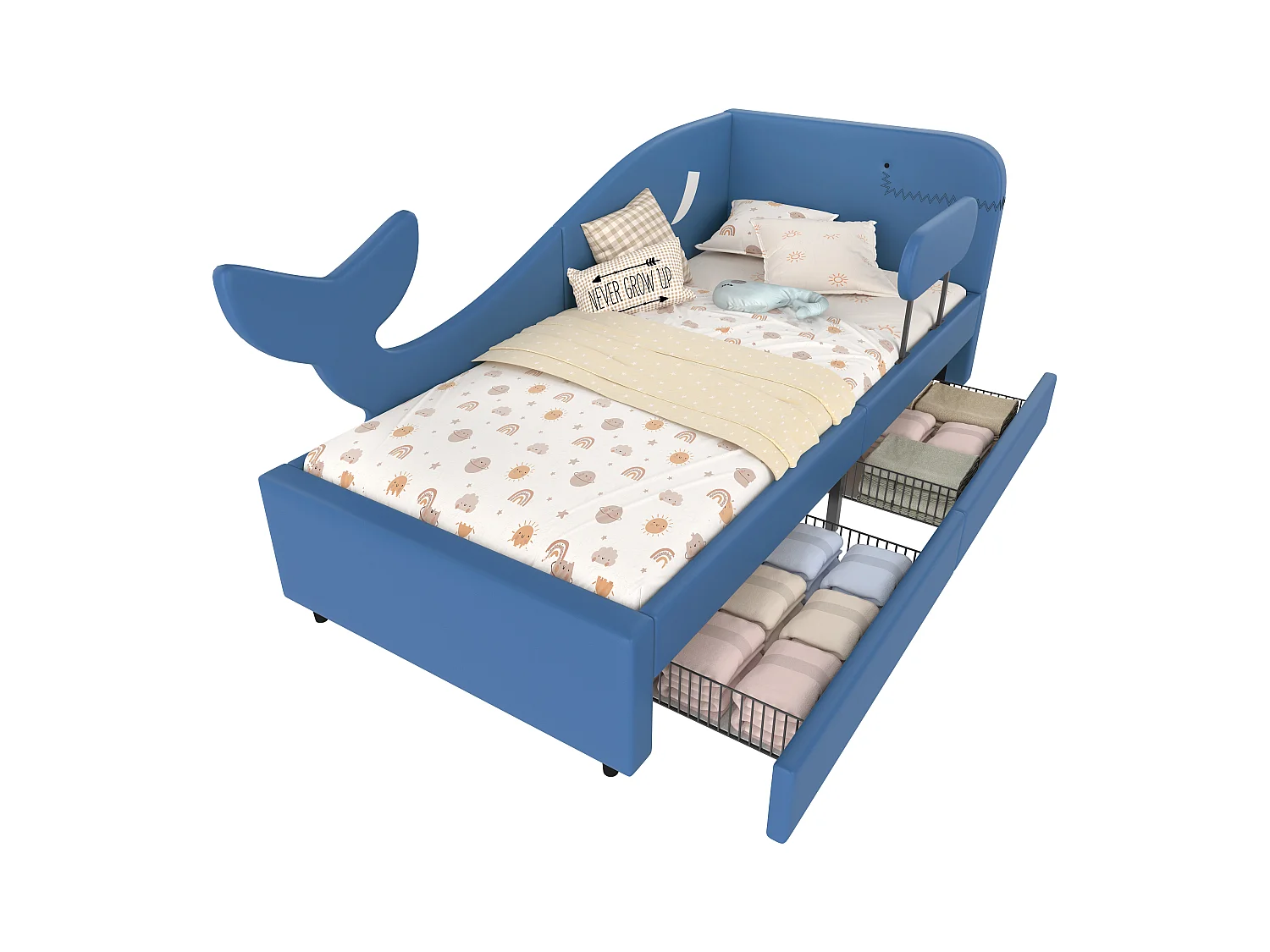 Kinderbed 90x200 cm in walvisvorm – Veilig co-sleeper met opbergladen, blauw PU (zonder matras)