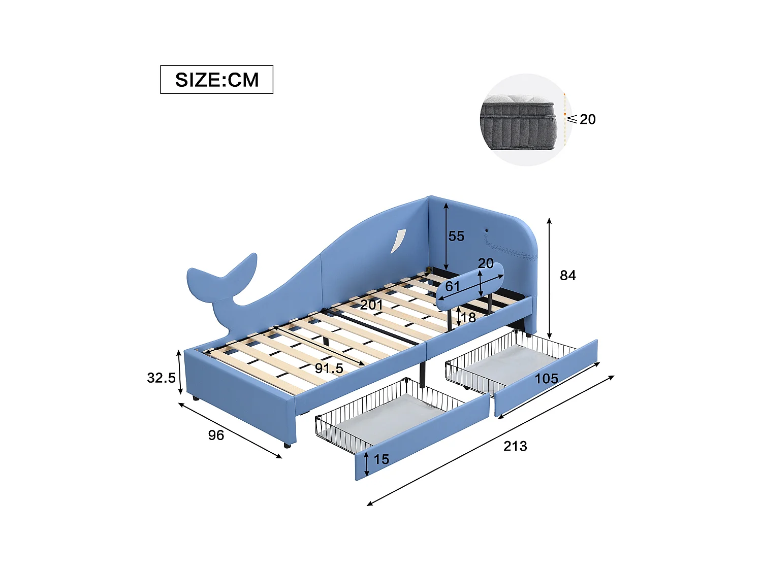 Kinderbed 90x200 cm in walvisvorm – Veilig co-sleeper met opbergladen, blauw PU (zonder matras)