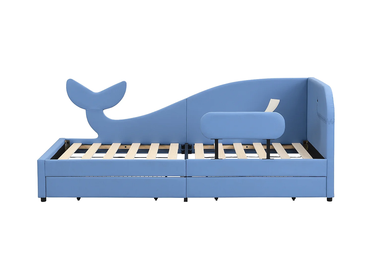 Kinderbed 90x200 cm in walvisvorm – Veilig co-sleeper met opbergladen, blauw PU (zonder matras)