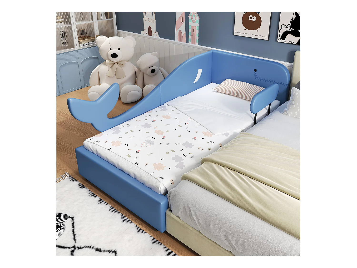 Cama infantil 90x200 cm em forma de baleia – Cododo seguro com gavetas de arrumação, PU azul (sem colchão)