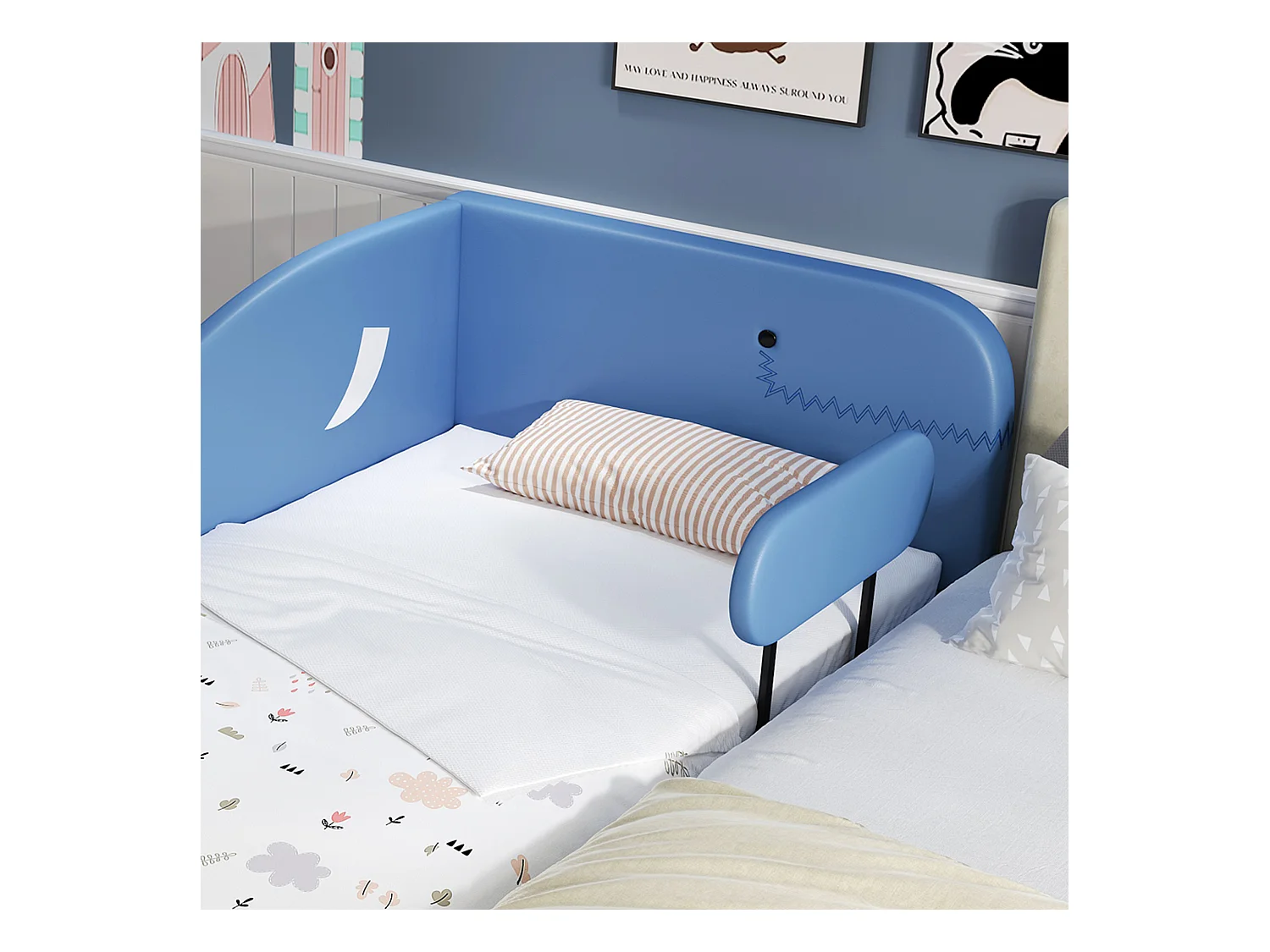 Lit enfant 90x200 cm en forme de baleine – Cododo sécurisé avec tiroirs de rangement, PU bleu(sans matelas)
