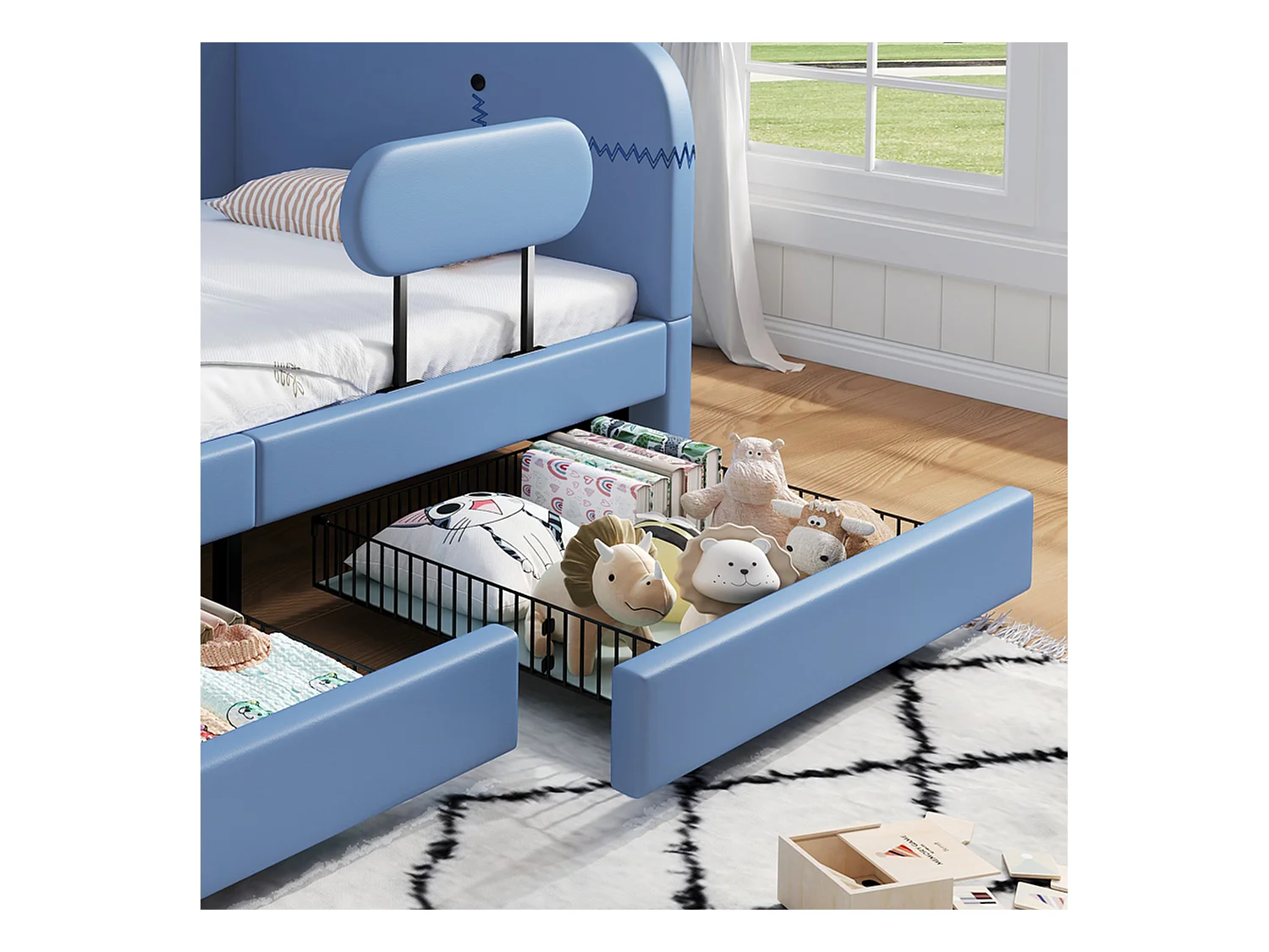 Lit enfant 90x200 cm en forme de baleine – Cododo sécurisé avec tiroirs de rangement, PU bleu(sans matelas)