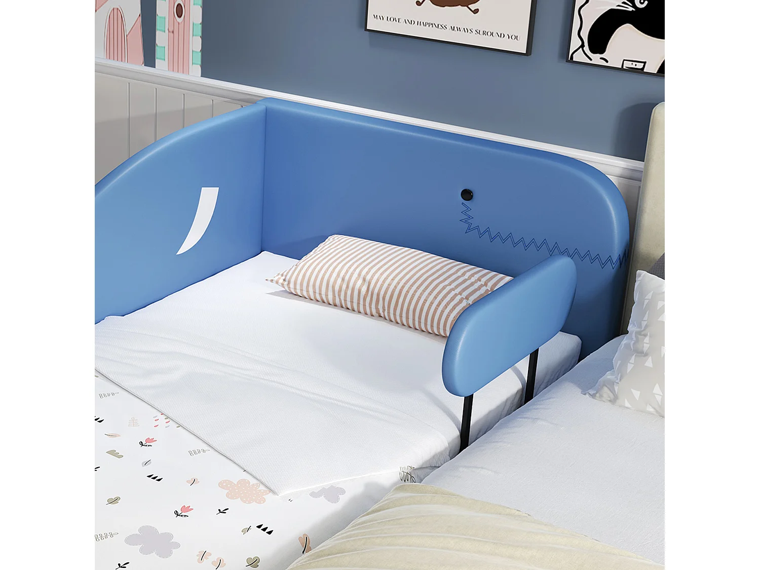Kinderbed 90x200 cm in walvisvorm – Veilig co-sleeper met opbergladen, blauw PU (zonder matras)