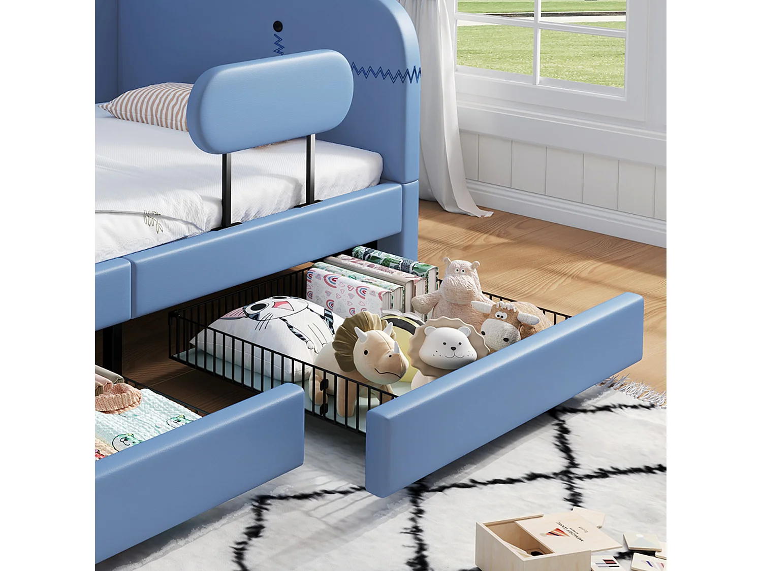Kinderbed 90x200 cm in walvisvorm – Veilig co-sleeper met opbergladen, blauw PU (zonder matras)