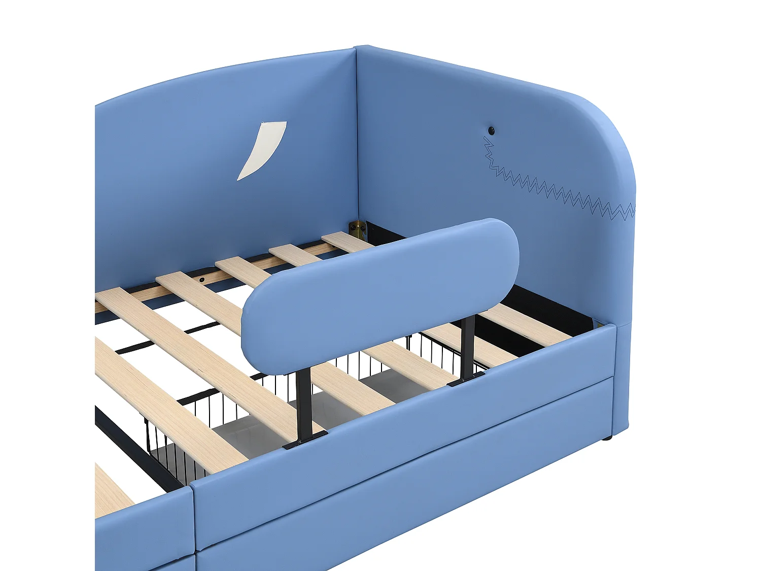 Kinderbed 90x200 cm in walvisvorm – Veilig co-sleeper met opbergladen, blauw PU (zonder matras)