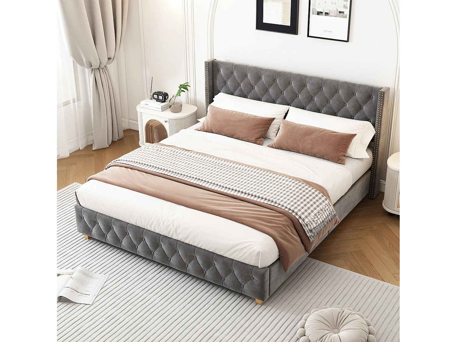 Lit adulte 140x190 cm - Lit double avec tête de lit et sommier à lattes en bois - velours gris