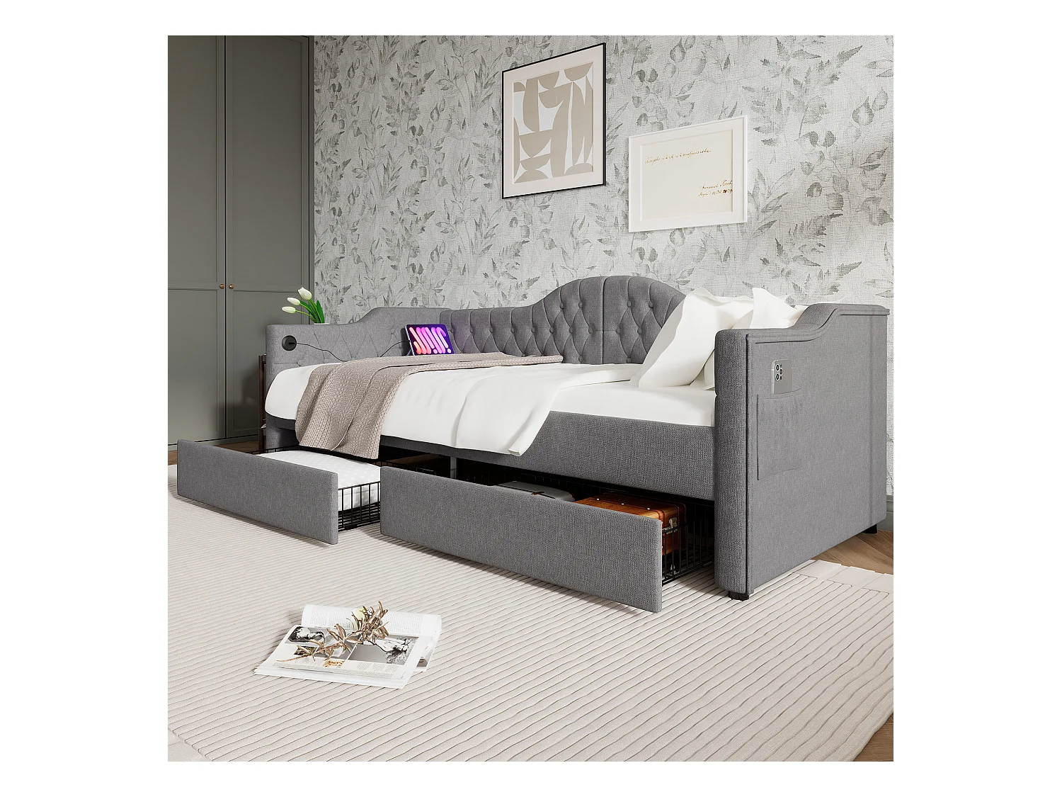 Lit simple 90x190 cm - Lit enfant avec chargement USB et 2 tiroirs - lin gris - sans matelas