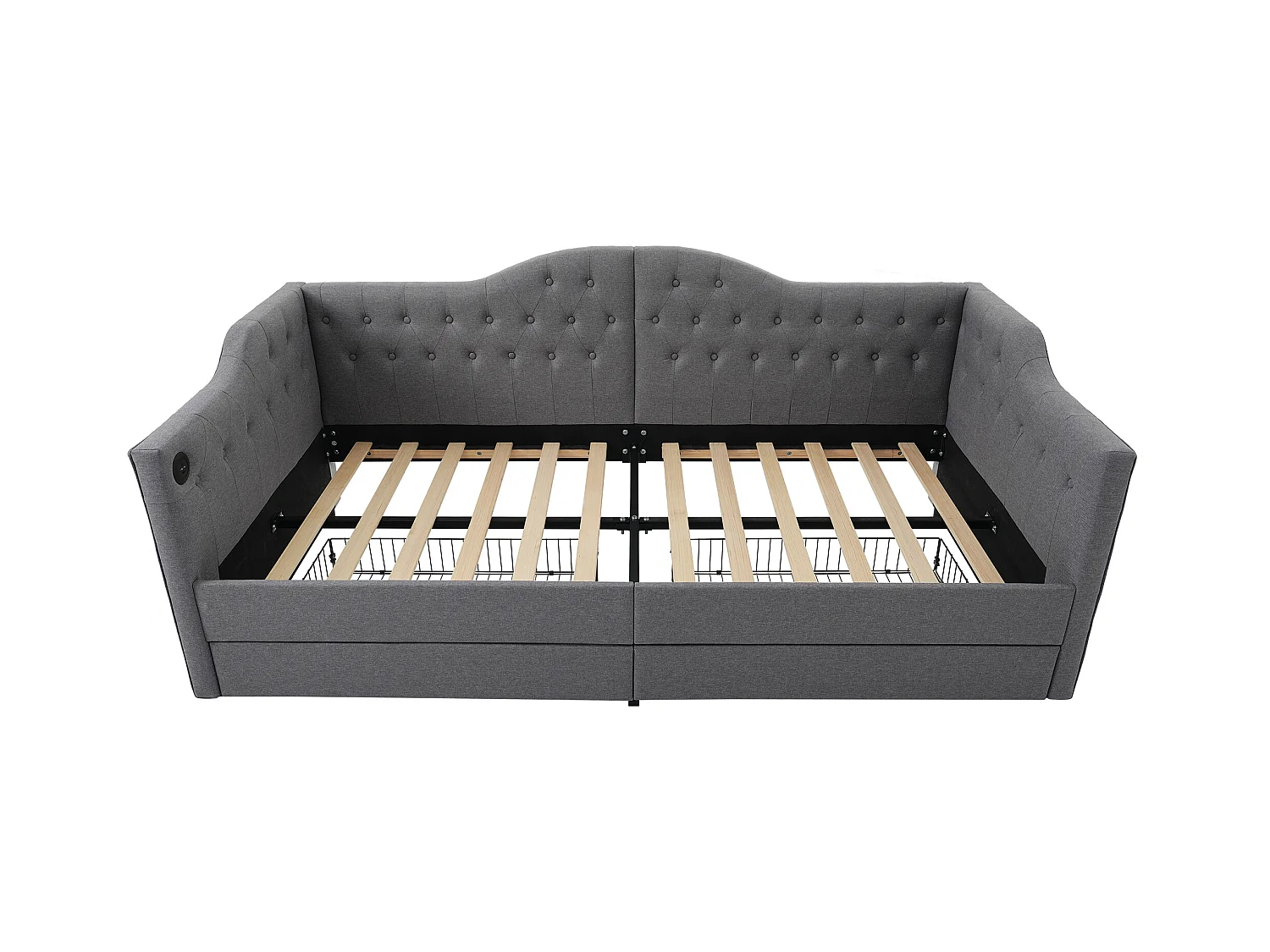 Lit simple 90x190 cm - Lit enfant avec chargement USB et 2 tiroirs - lin gris - sans matelas