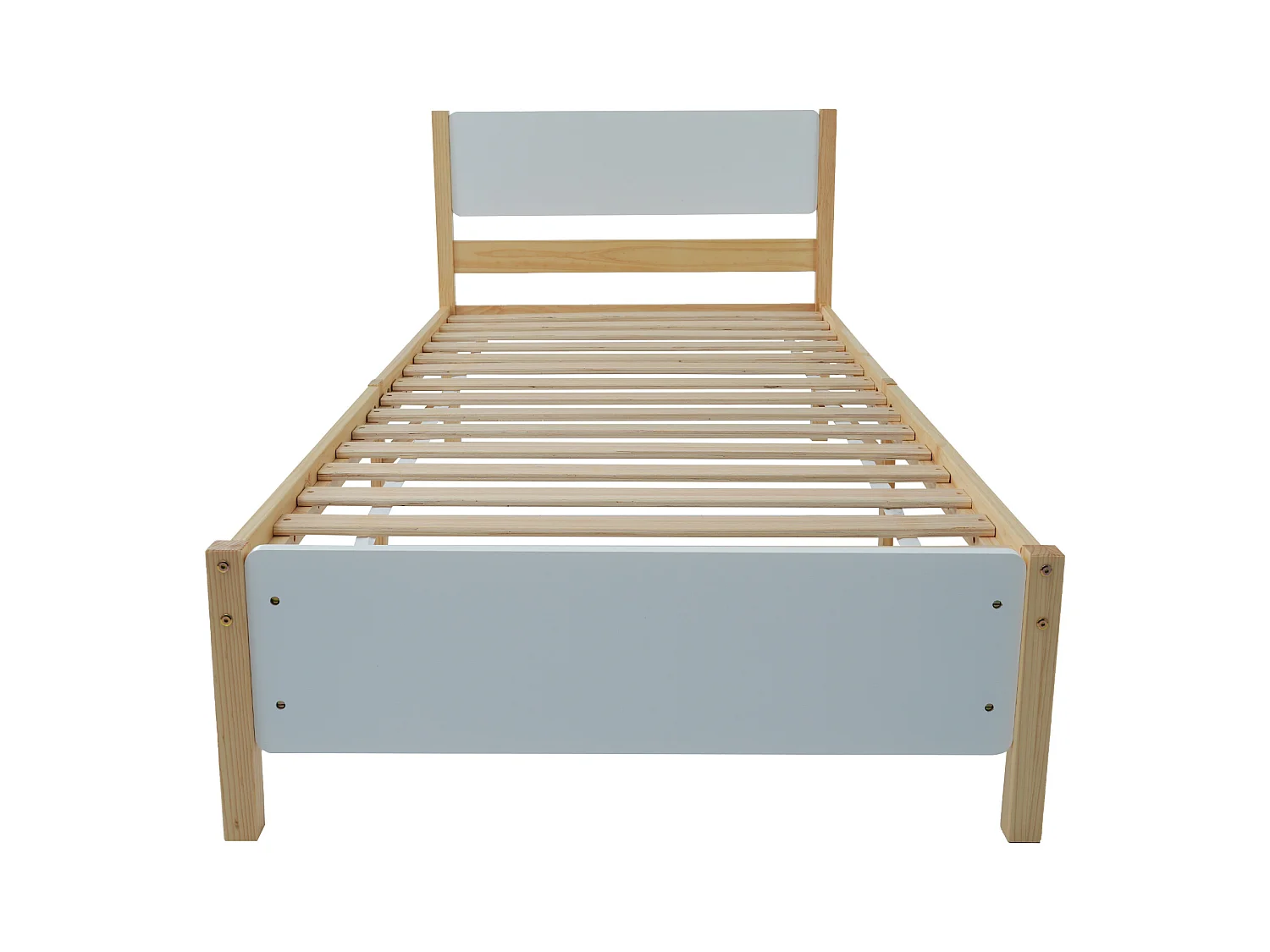 Lit adulte 90x200 cm, lit simple, cadre en bois de pin + MDF, blanc + naturel, sans matelas