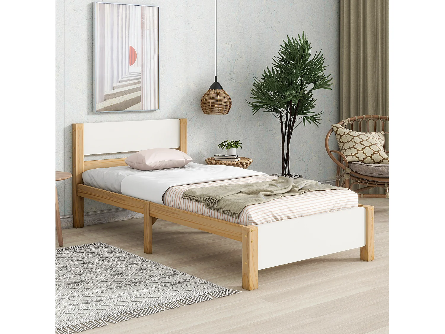 Lit adulte 90x200 cm, lit simple, cadre en bois de pin + MDF, blanc + naturel, sans matelas