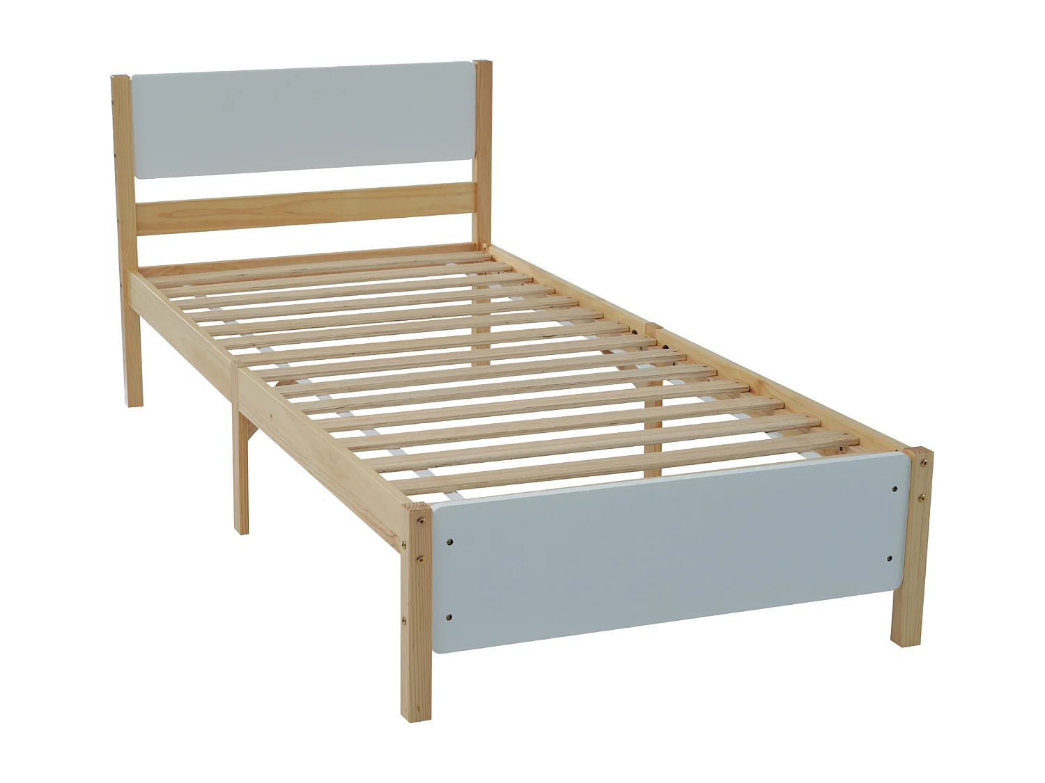 Lit adulte 90x200 cm, lit simple, cadre en bois de pin + MDF, blanc + naturel, sans matelas