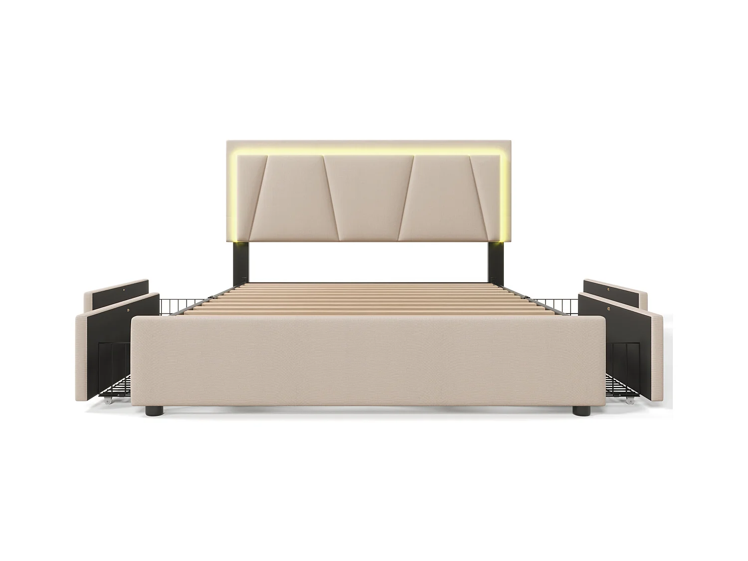 Lit adulte 140x200 cm - Lit double avec 4 tiroirs et tête de lit réglable - Éclairage LED - beige