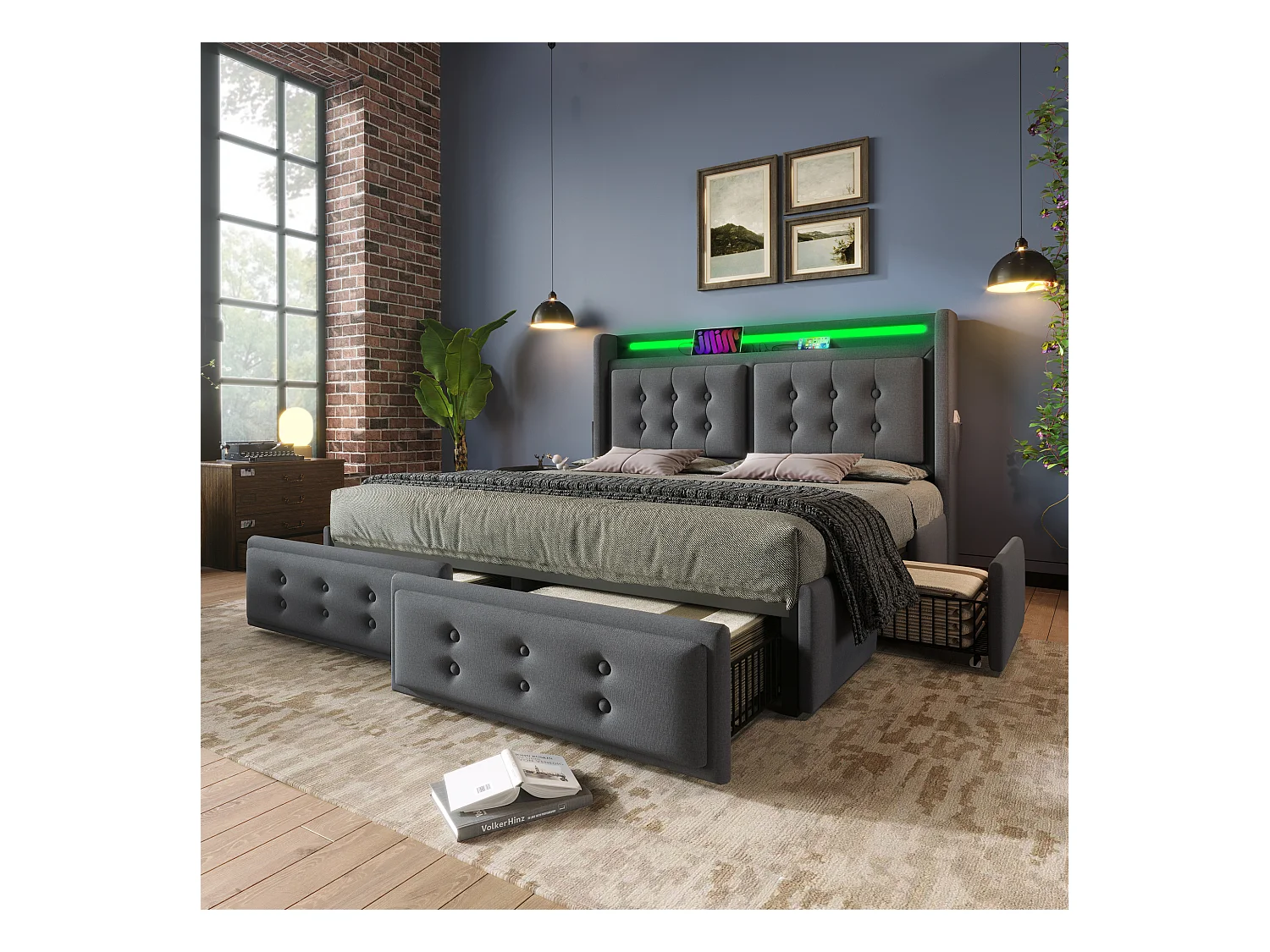 Lit adulte 180x200 cm - Lit double avec LED et recharge USB - 4 tiroirs - Coton et lin gris