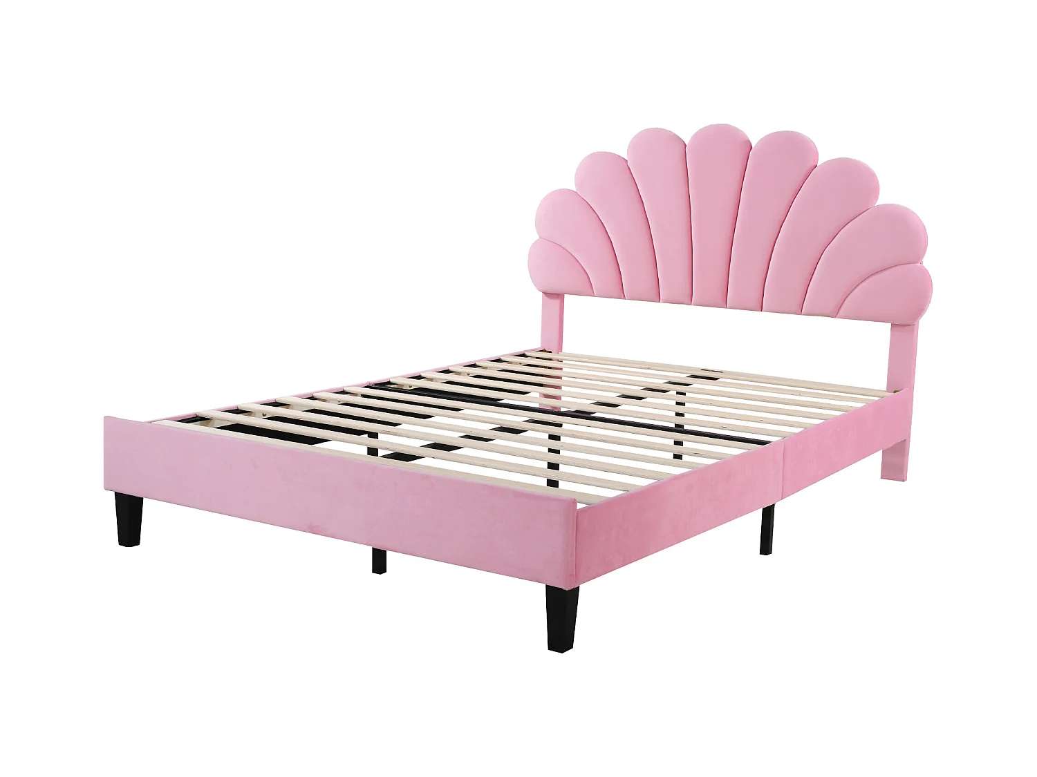 Lit enfant double 140x200cm rose, tête de lit fleurie en velours, sans matelas