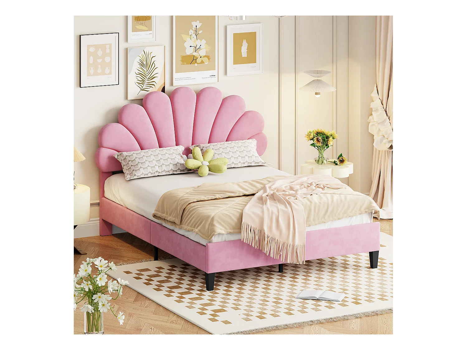 Lit enfant double 140x200cm rose, tête de lit fleurie en velours, sans matelas