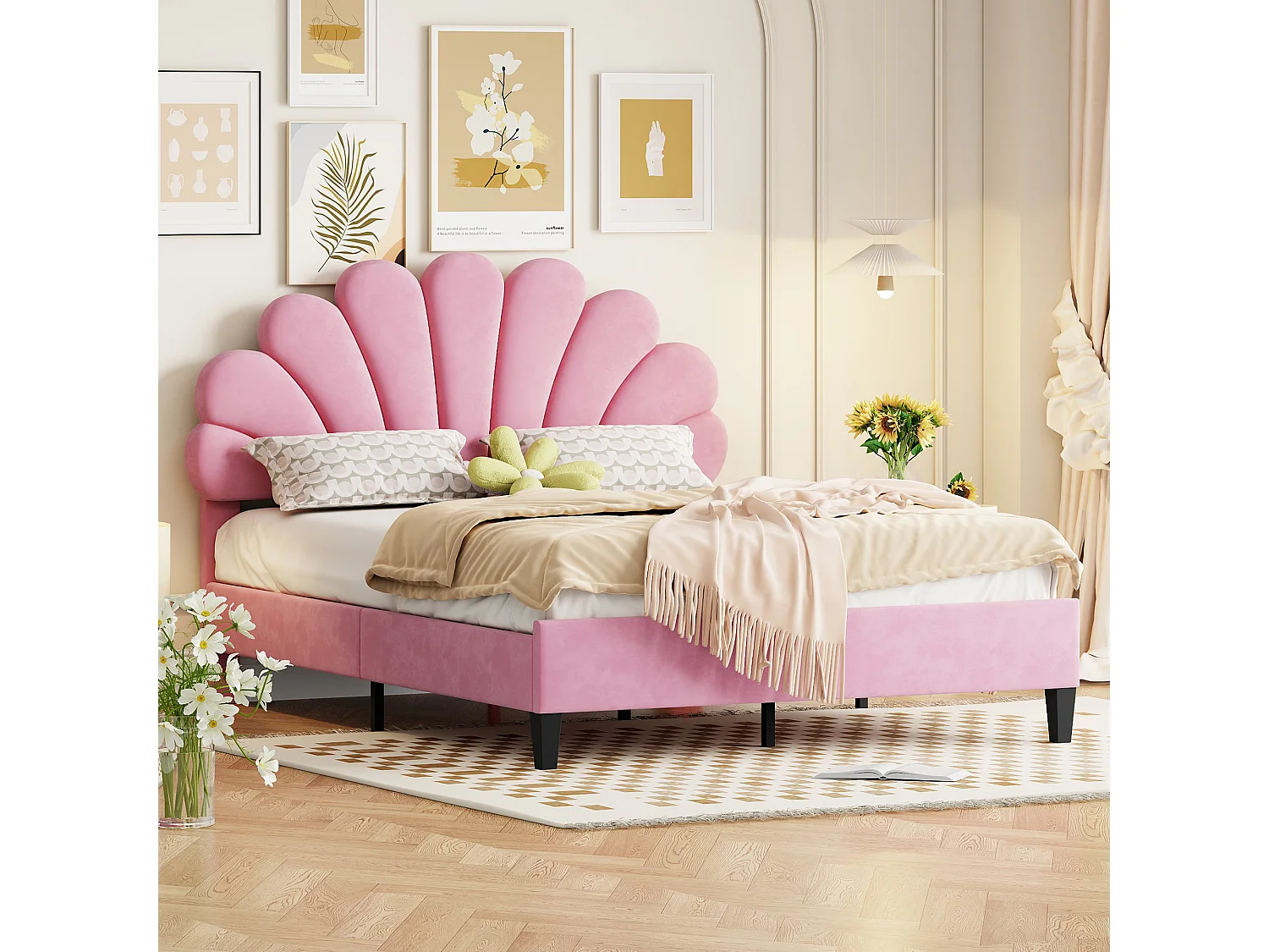 Lit enfant double 140x200cm rose, tête de lit fleurie en velours, sans matelas