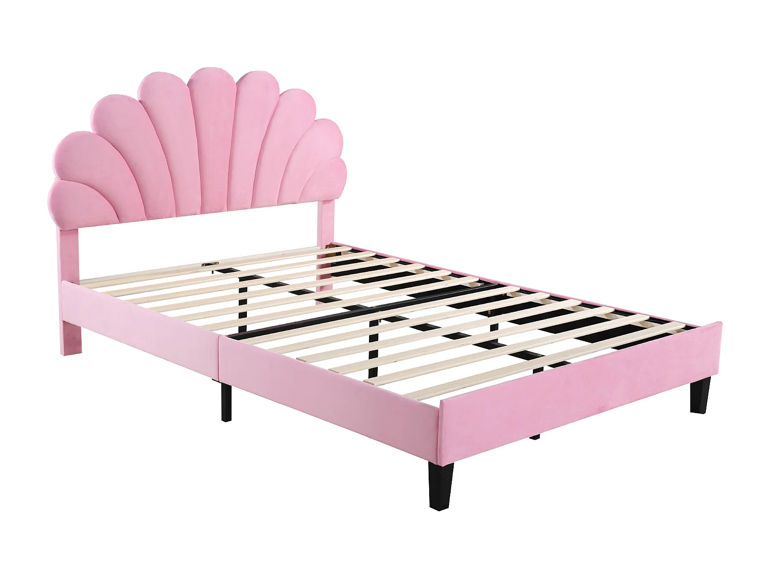 Lit enfant double 140x200cm rose, tête de lit fleurie en velours, sans matelas