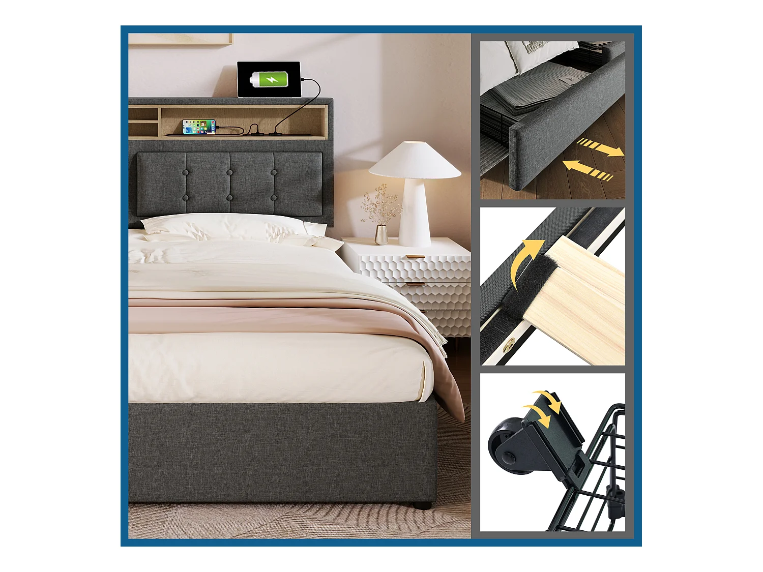 Lit adulte 160x200 cm - Lit double avec USB et 4 tiroirs - Tête de lit réglable - Lin gris