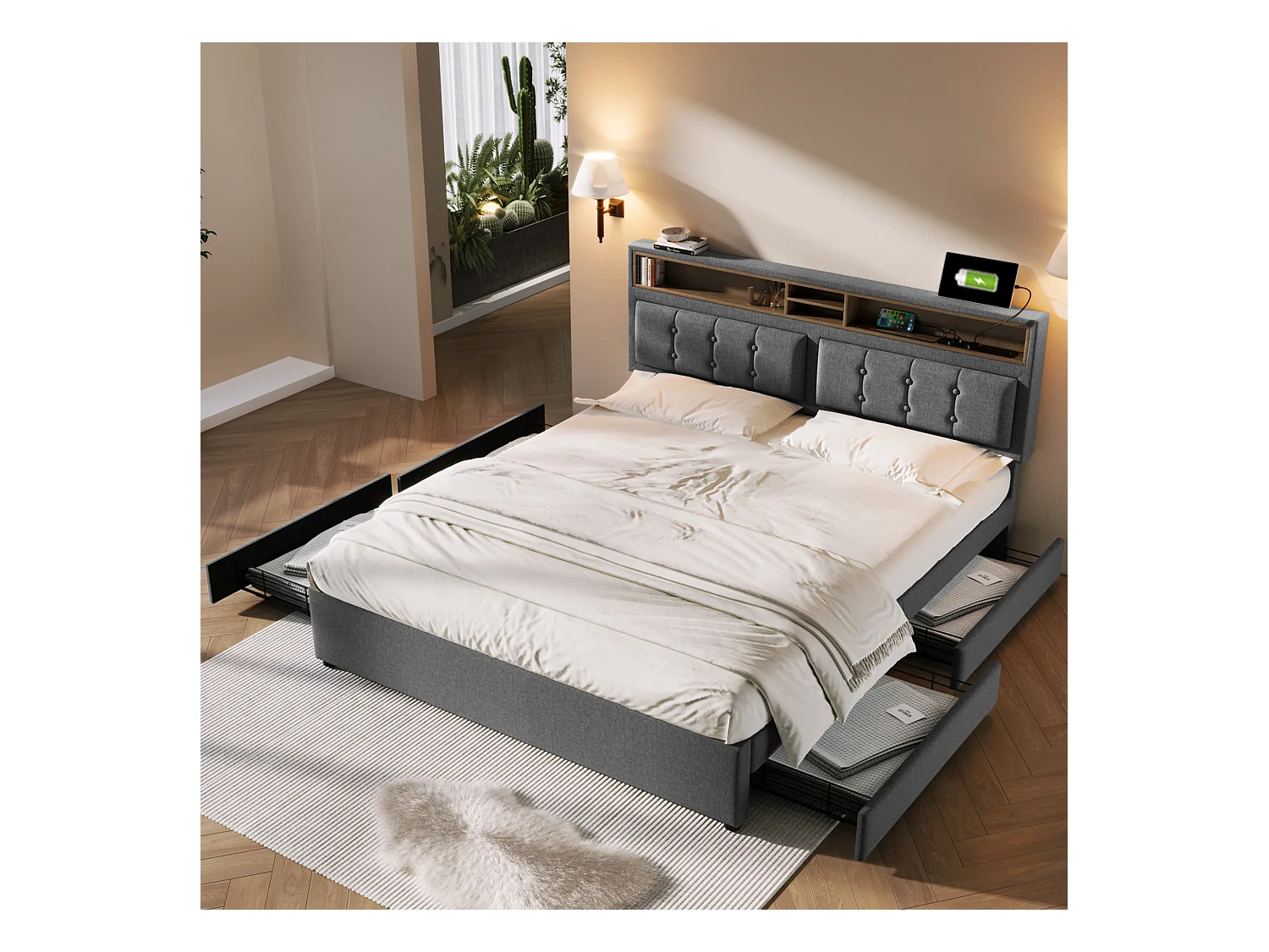 Lit adulte 160x200 cm - Lit double avec USB et 4 tiroirs - Tête de lit réglable - Lin gris