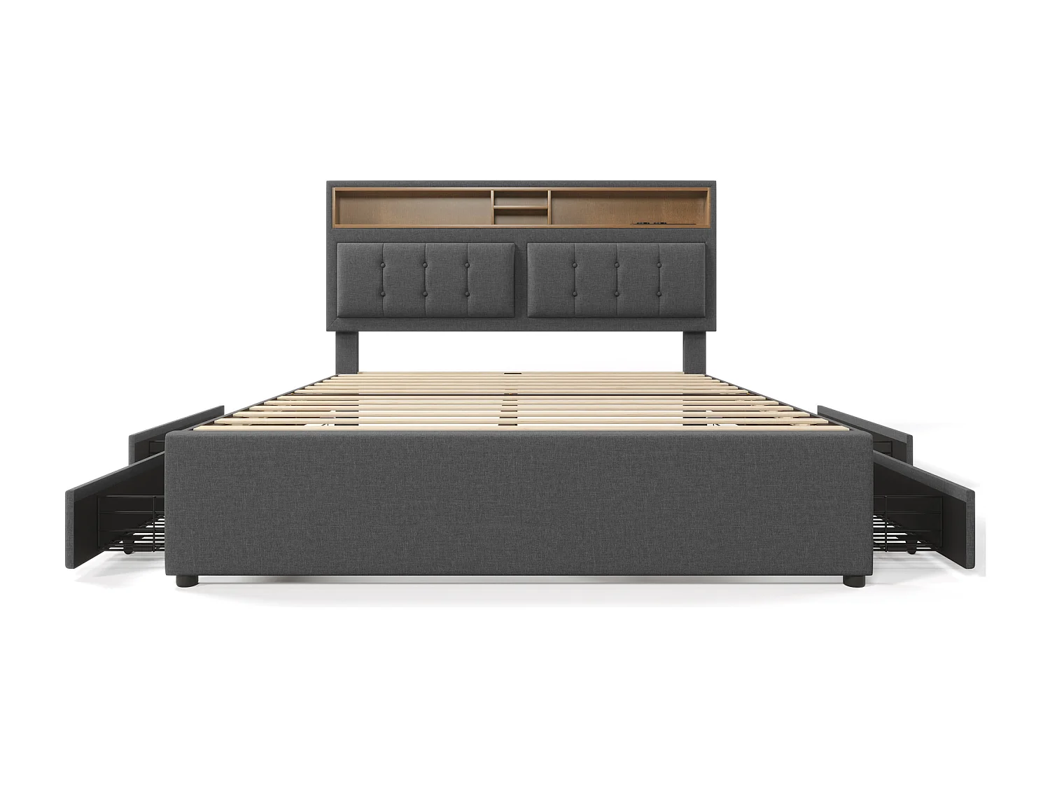 Lit adulte 160x200 cm - Lit double avec USB et 4 tiroirs - Tête de lit réglable - Lin gris