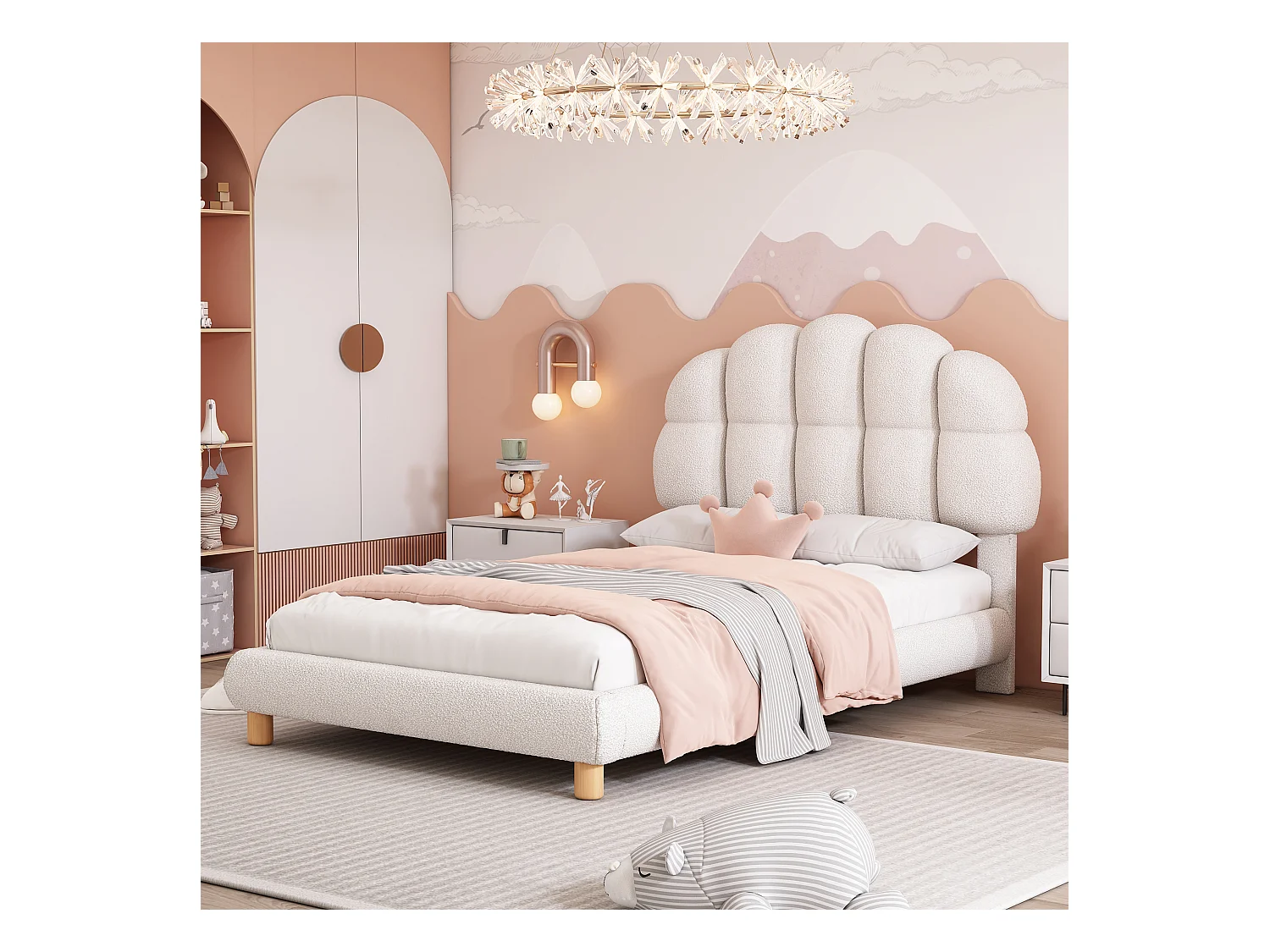 lit enfant simple 90x200cm, en velours blanc avec tête de lit arrondie et structure sécurisée, sans matelas