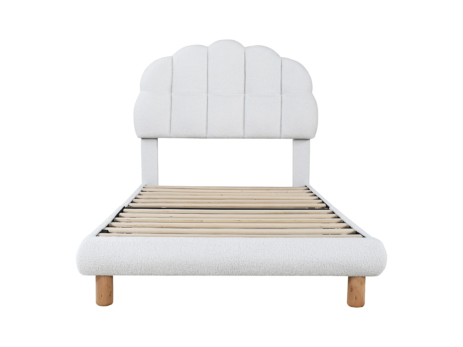 lit enfant simple 90x200cm, en velours blanc avec tête de lit arrondie et structure sécurisée, sans matelas