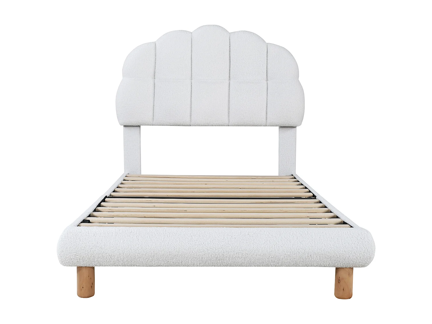 lit enfant simple 90x200cm, en velours blanc avec tête de lit arrondie et structure sécurisée, sans matelas