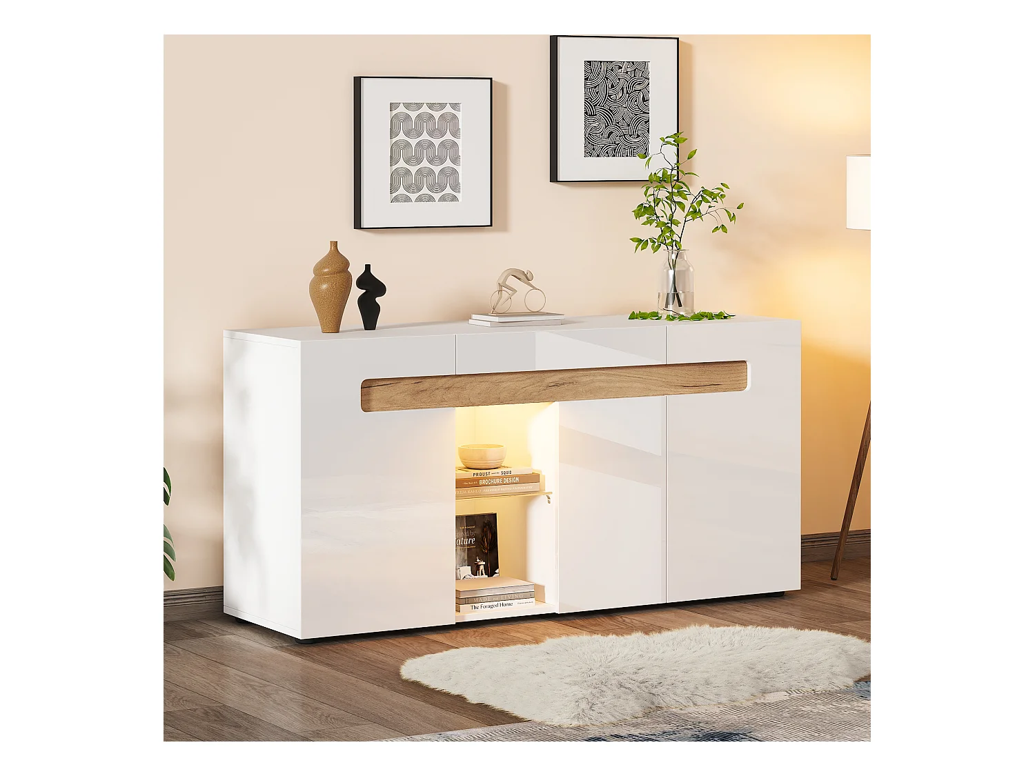 Buffet moderne 140x40x70cm avec 3 portes et tablette en verre, LED inclus, corps en blanc laqué