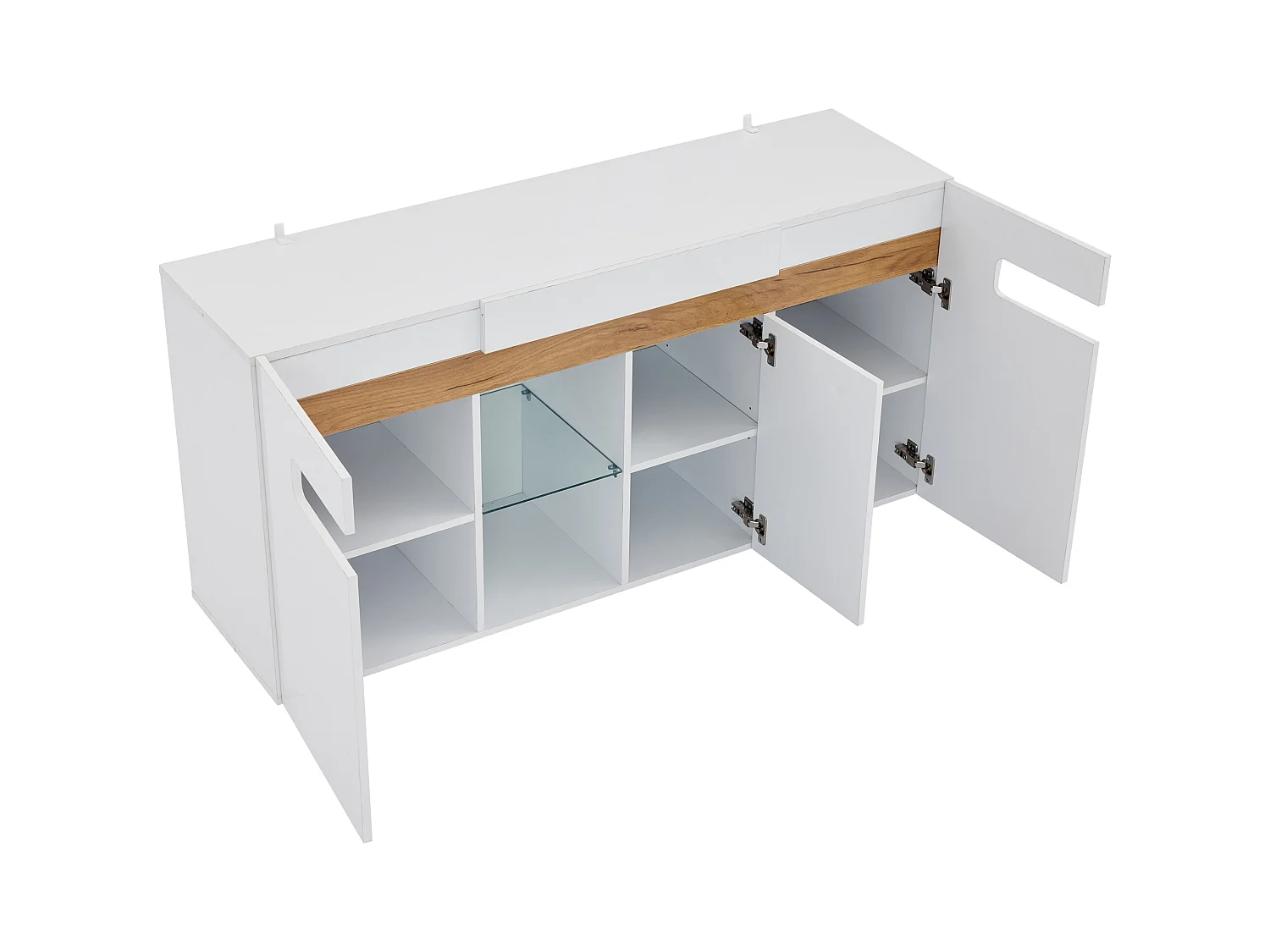 Buffet moderne 140x40x70cm avec 3 portes et tablette en verre, LED inclus, corps en blanc laqué