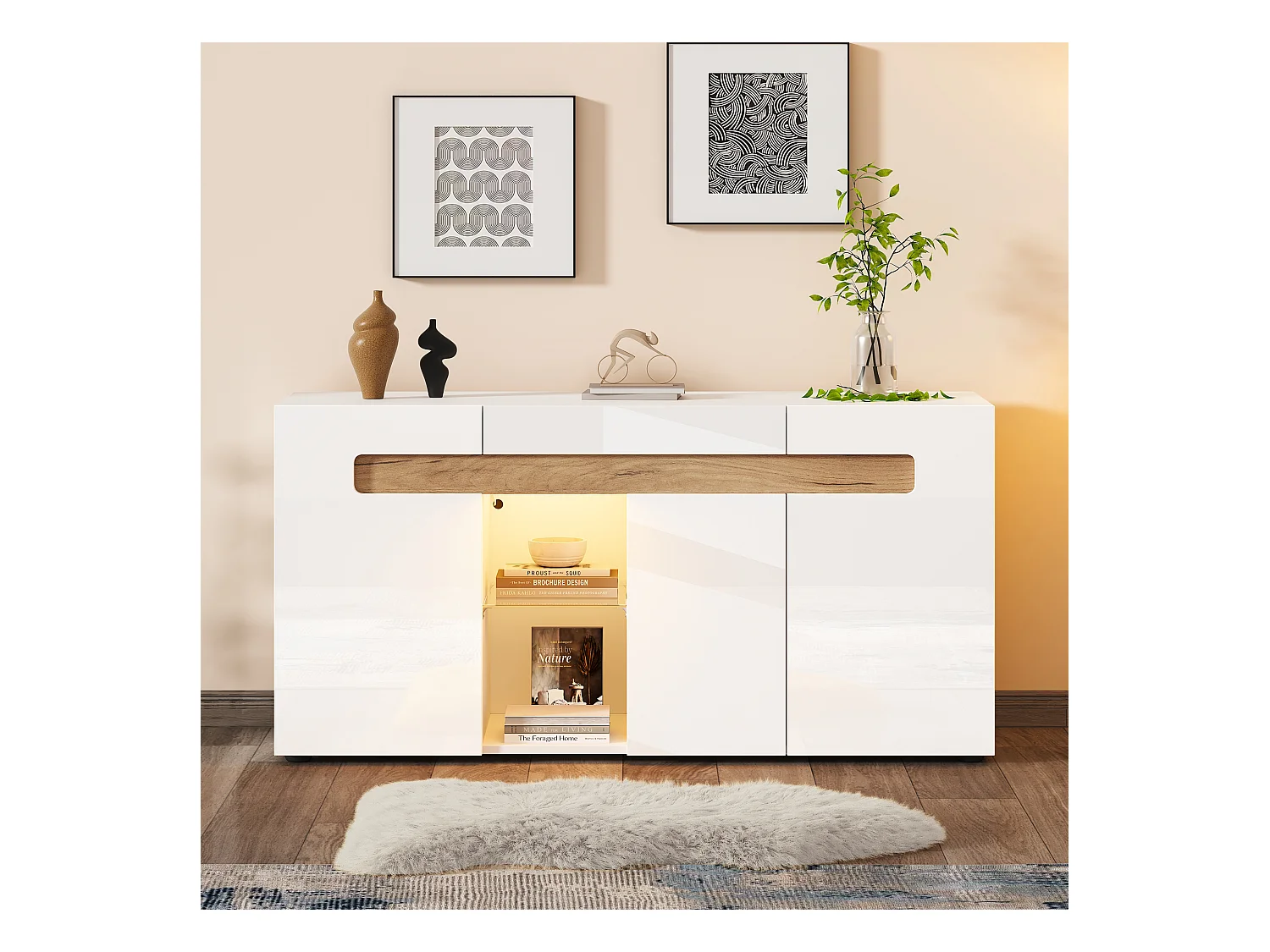 Buffet moderne 140x40x70cm avec 3 portes et tablette en verre, LED inclus, corps en blanc laqué