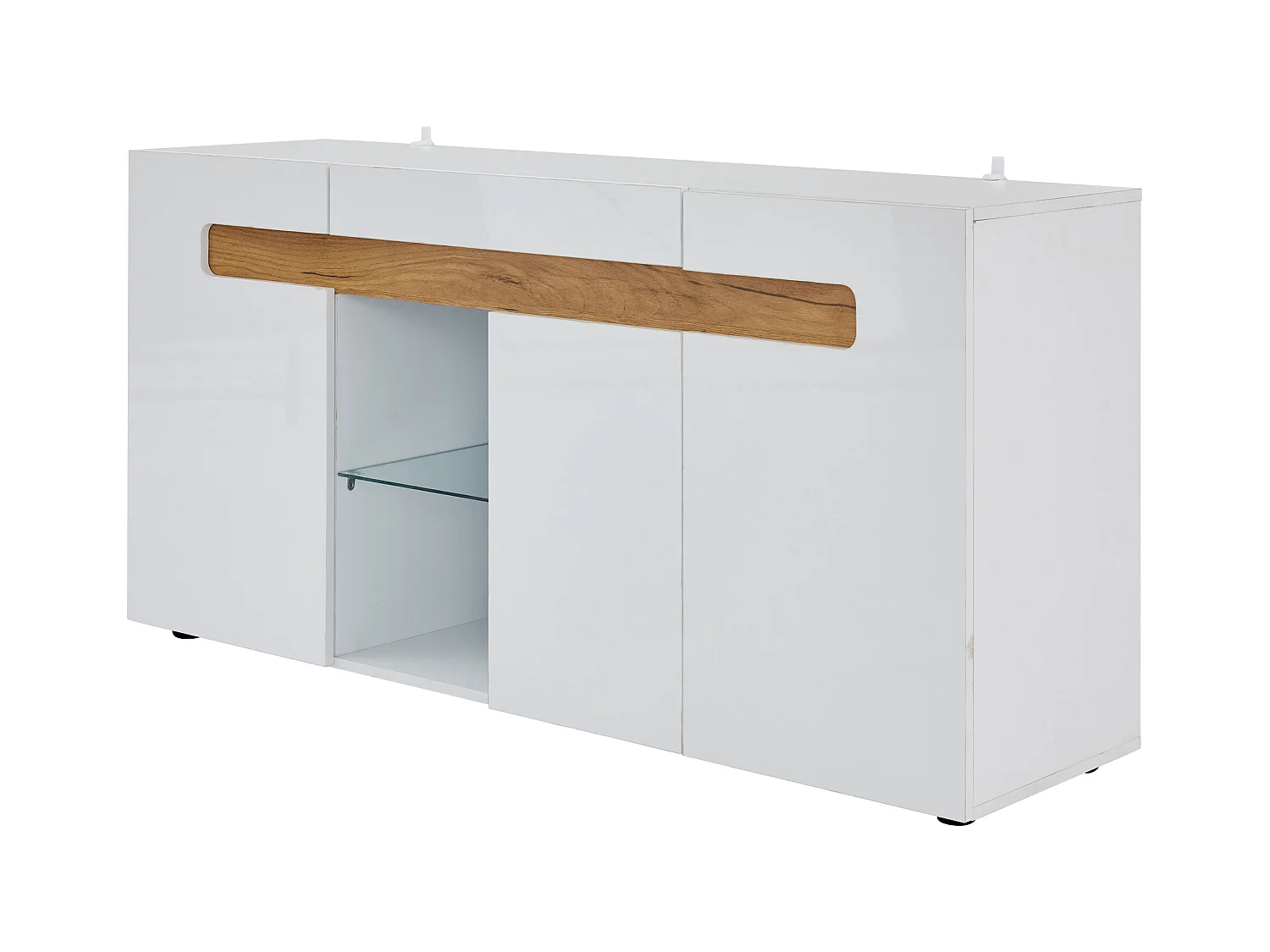 Buffet moderne 140x40x70cm avec 3 portes et tablette en verre, LED inclus, corps en blanc laqué