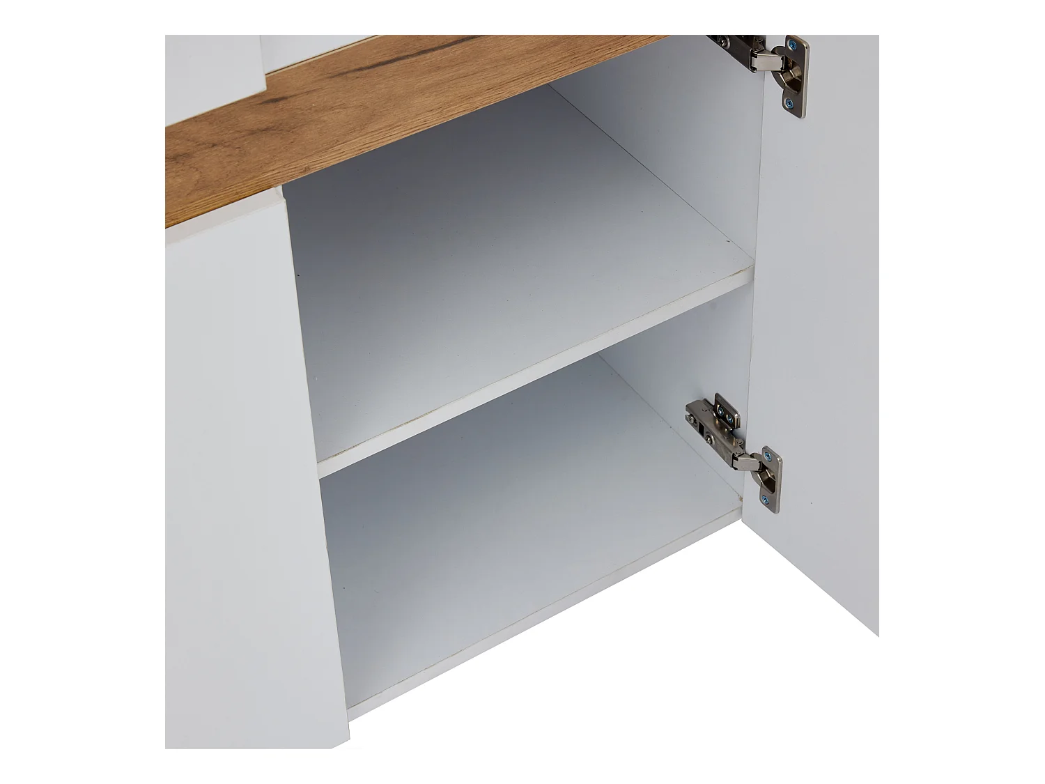 Buffet moderne 140x40x70cm avec 3 portes et tablette en verre, LED inclus, corps en blanc laqué