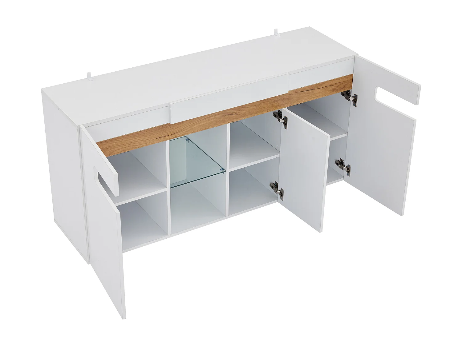 Buffet moderne 140x40x70cm avec 3 portes et tablette en verre, LED inclus, corps en blanc laqué