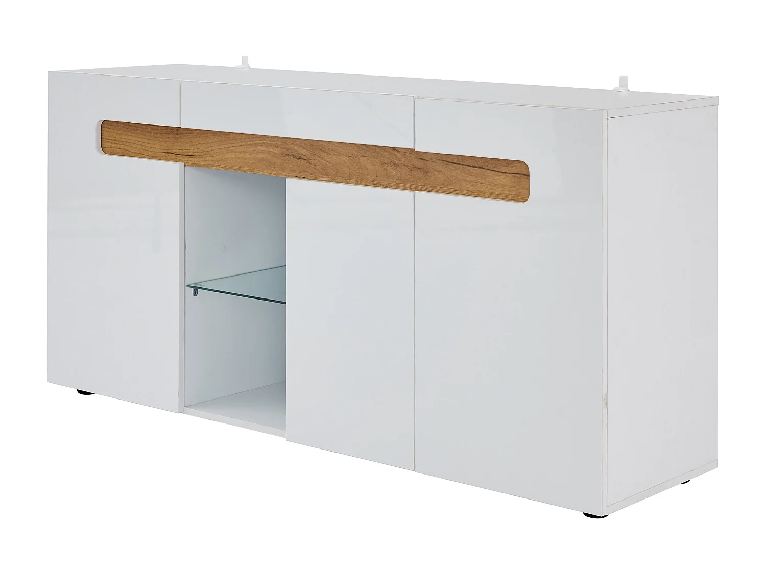 Buffet moderne 140x40x70cm avec 3 portes et tablette en verre, LED inclus, corps en blanc laqué