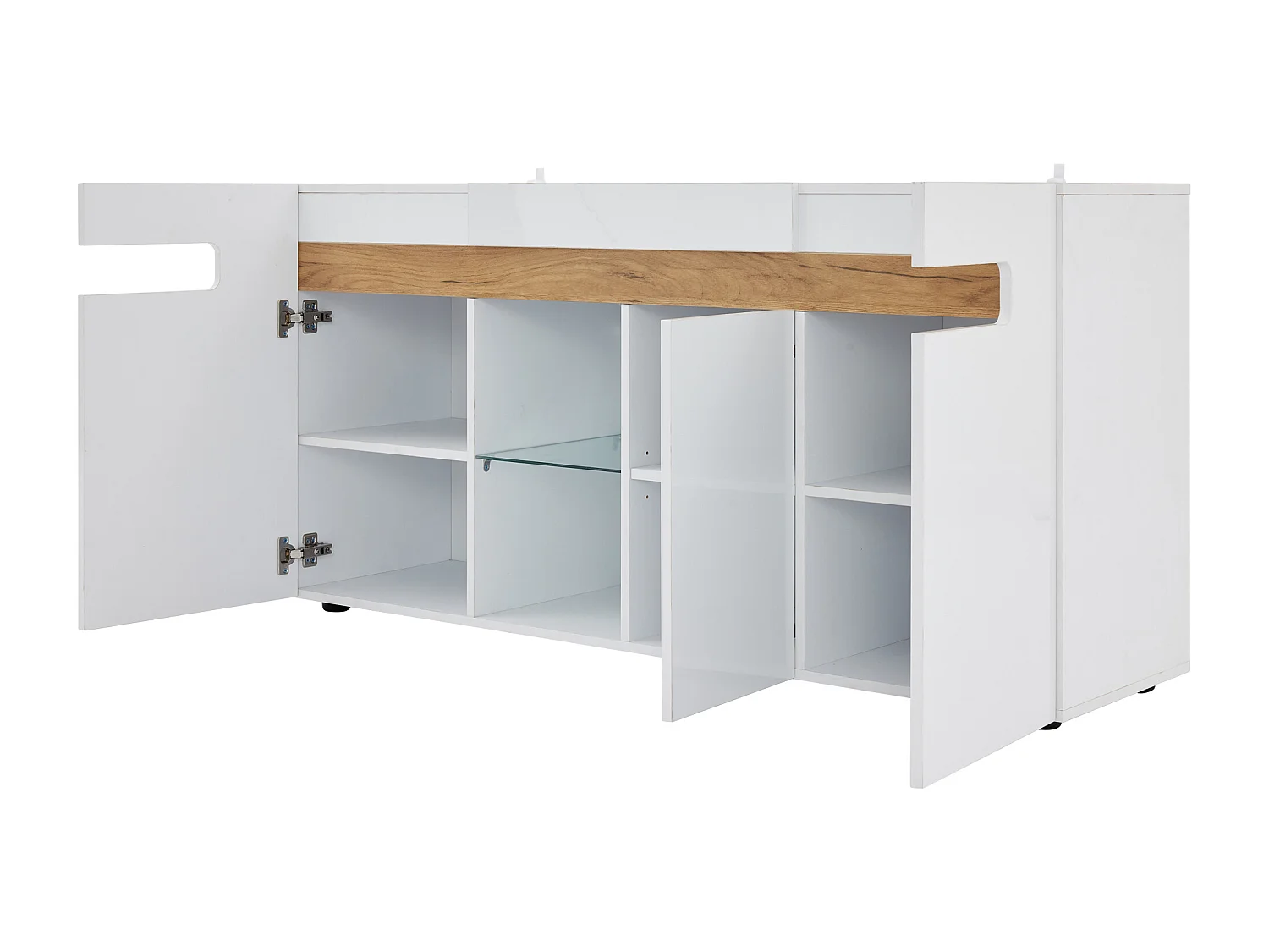 Buffet moderne 140x40x70cm avec 3 portes et tablette en verre, LED inclus, corps en blanc laqué